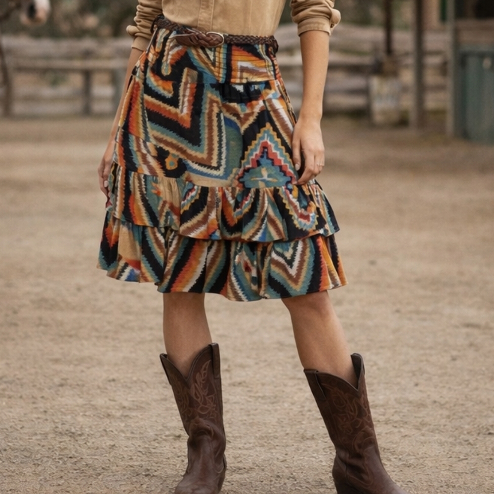 Vtg 90s Y2K Ralph Lauren Geometric Western Tiered Women's Pull-On Skirt 10P